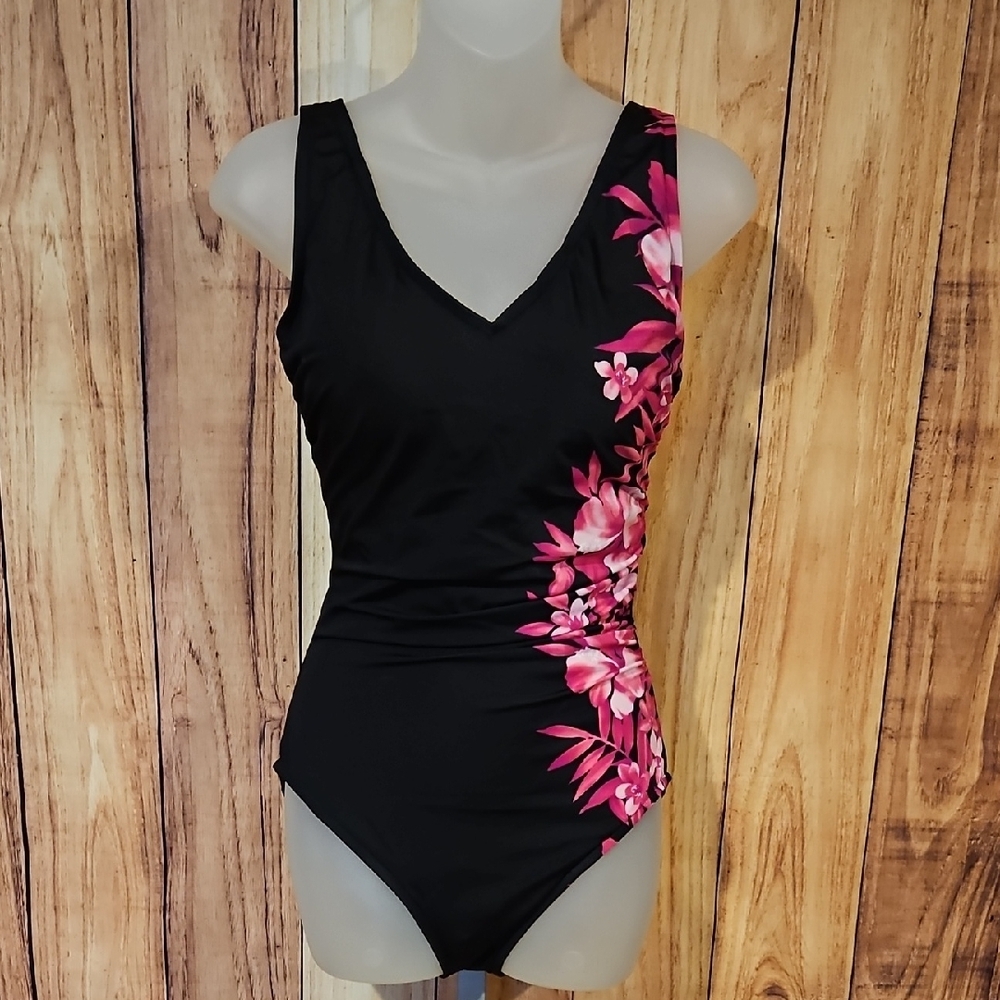 Elegant Black and Pink Floral  One Piece Swimsuit